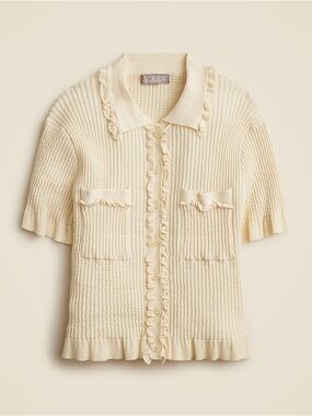 J. Crew Pointelle Ruffle-Trim Short Sleeve Cardigan Warm Sesame Size Small